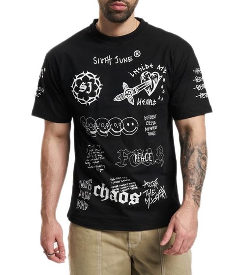 Sixth June Graphic Herren Baumwoll-Shirt mit kleinen Prints und Schriftzügen T-Shirt Kurzarm-Shirt M23682CTS Schwarz