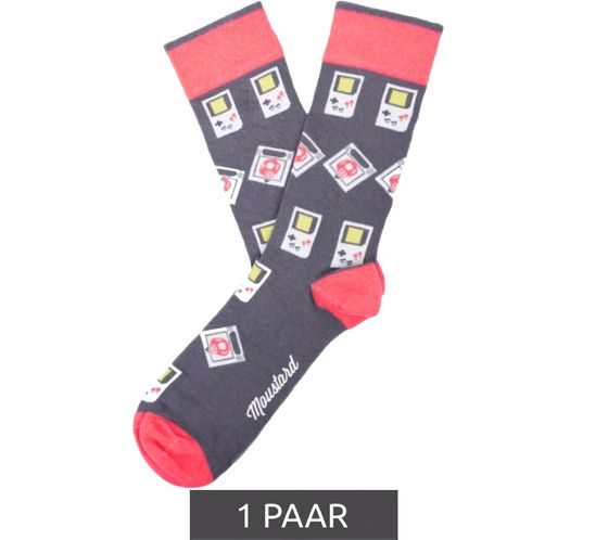 1 pair of Moustard cotton socks with retro game design Gameboy long socks 22S-GAME gray/pink/white