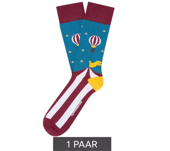 1 pair of Moustard Circus and Baloons cotton socks Circus design with hot air balloon striped and patterned long socks 20S-CIRCUS blue/red/yellow/white