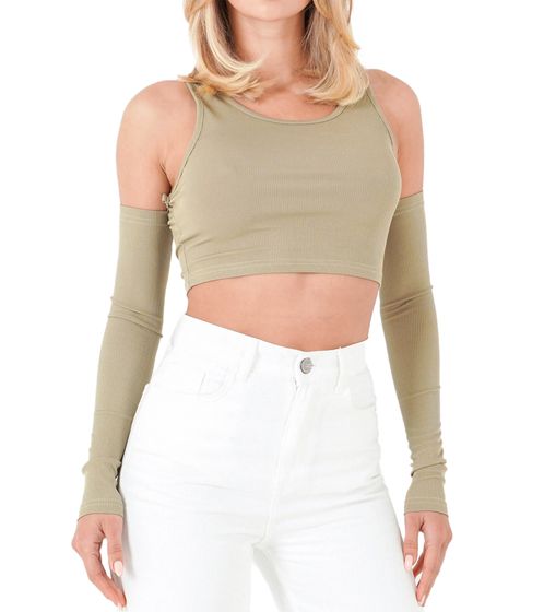 Sixth June women's ribbed crop top cropped sweater with removable sleeves long-sleeved shirt W34131KTO green