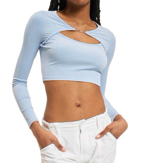 Sixth June Opening Top Women's Top with opening at chest height Crop top ribbed summer shirt with appliqué W34134KTO light blue