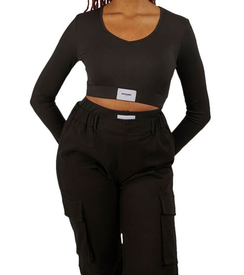 Sixth June V-Neck Damen Crop-Top mit elastischem Band und Label-Patch Langarm-Top geripptes Sommer-Shirt W34113KTO Schwarz