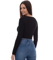 Sixth June Top corto da donna con scollo a V, elastico e toppa con etichetta, manica lunga, camicia estiva a coste W34113KTO Nero