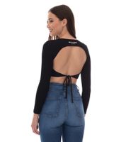 Sixth June Top corto da donna a coste con schiena scoperta e maniche lunghe a coste, maglietta estiva a coste W33668KTO nero