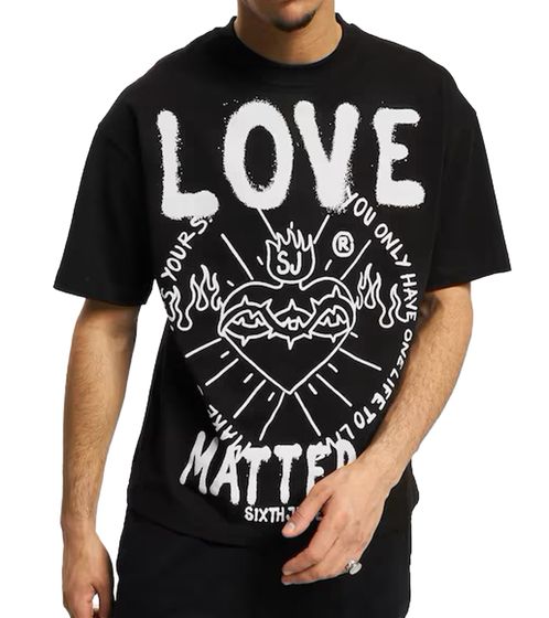 Sixth June Love Matters Herren Baumwoll-Shirt mit großem Front-Print T-Shirt Kurzarm-Shirt M12434ETS Schwarz