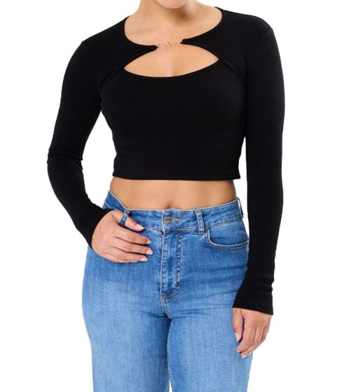 Sixth June Opening Top Women's Top with opening at chest height Crop top ribbed cotton shirt with appliqué W12481KTO Black