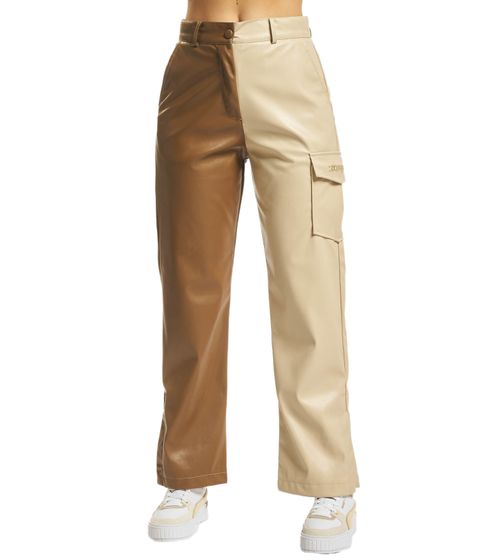 Sixth June Skai women's leisure trousers in leather look color blocking everyday trousers with leg pocket 12101 beige