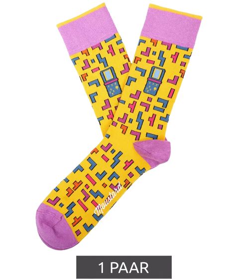 1 pairs of Moustard Tetris cotton socks with all-over print in retro gameplay design patterned long socks 22S-TETRIS yellow/blue/pink/purple