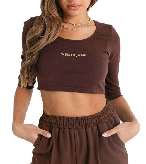 Sixth June Damen Cropped-Pullover mit kleiner Signatur Rundhals-Sweater W33718VTO Braun