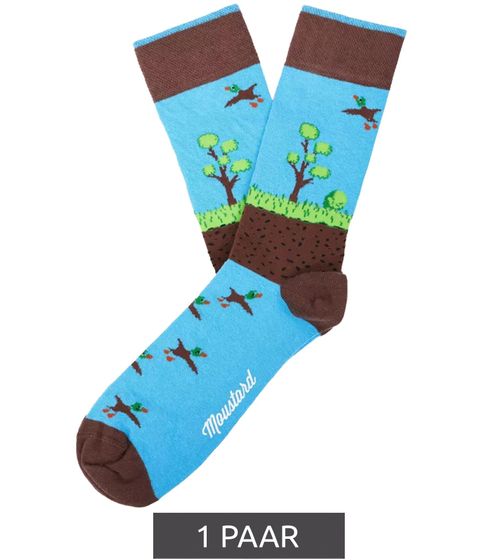 1 pairs of Moustard Duckhunt cotton socks with ducks and natural print patterned long socks 22S-DUCK blue/green/brown