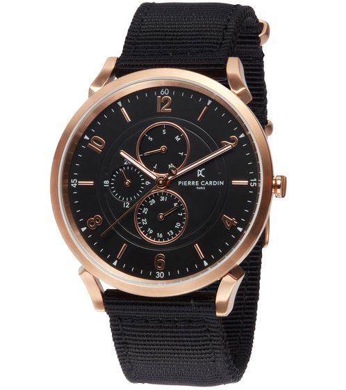 Pierre Cardin men's wristwatch with multi-dial analog quartz watch with textile strap 3ATM 44mm CPI.2035 black/copper