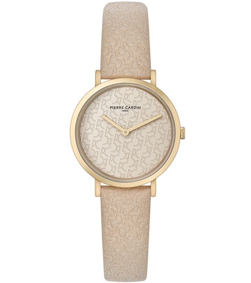 Pierre Cardin ladies gold-plated watch with brand abbreviation print analogue quartz watch with leather strap 3ATM 31mm CBV.1503 Beige/Gold