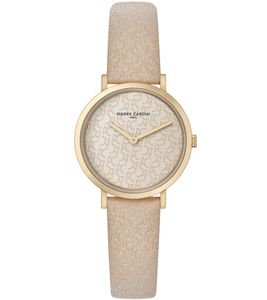 Pierre Cardin Damen vergoldete Armband-Uhr mit Marken-Kürzel-Print analoge Quarz-Uhr mit Leder-Armband 3ATM 31mm CBV.1503 Beige/Gold Pierre Cardin Damen vergoldete Armband-Uhr mit Marken-Kürzel-Print analoge Quarz-Uhr mit Leder-Armband 3ATM 31mm CBV.1503 Beige/Gold