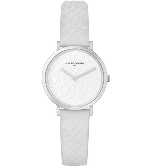 Pierre Cardin ladies' wristwatch with branded initials print, analogue quartz watch with leather strap 3ATM 31mm CBV.1501 white/silver