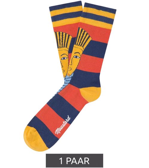 1 pairs of Moustard cotton socks with a picture of the Pharaoh Tutankhamun, striped long socks 20S-TUTAN blue/red/gold