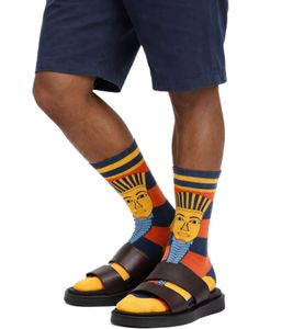 1 paia di calzini di cotone color senape con immagine del faraone Tutankhamon calzini lunghi a righe 20S-TUTAN Blu/Rosso/Oro