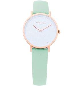 Pierre Cardin Damen Armband-Uhr mit Marken-Kürzel-Print analoge Quarz-Uhr mit Leder-Armband 3ATM 31mm CBV.1511 Pastell-Grün/Gold