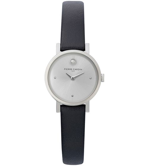 Pierre Cardin ladies two-hand wristwatch dial with silver circle details analogue quartz watch with leather strap 3ATM 27mm CCM.0504 silver/black