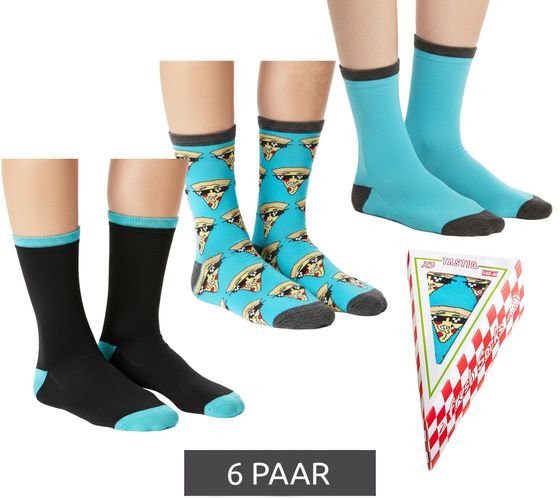 6 pairs of TASTIQ cotton socks with pizza print, long socks in a stylish pizza gift box, fresh Socks Tas/1/CSX3/PIZ blue/black/yellow