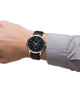 Reloj de hombre Pierre Cardin con esfera múltiple, analógico, de cuarzo, con correa de piel, 3 ATM, 44 mm, CPI.2023, negro/plata