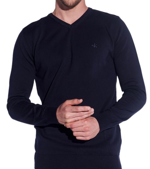 steffen klein Herren Strick-Pullover Feinstrick-Pulli aus reiner Baumwolle mit V-Ausschnitt 4317 Dunkelblau