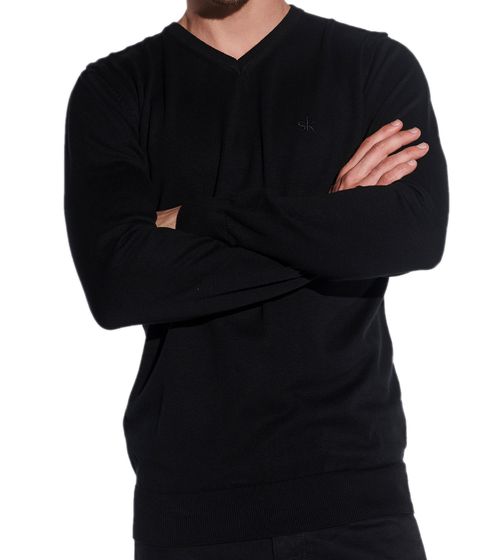 steffen klein Herren Strick-Pullover Baumwoll-Pulli Alltags-Shirt mit V-Ausschnitt 4316 Schwarz