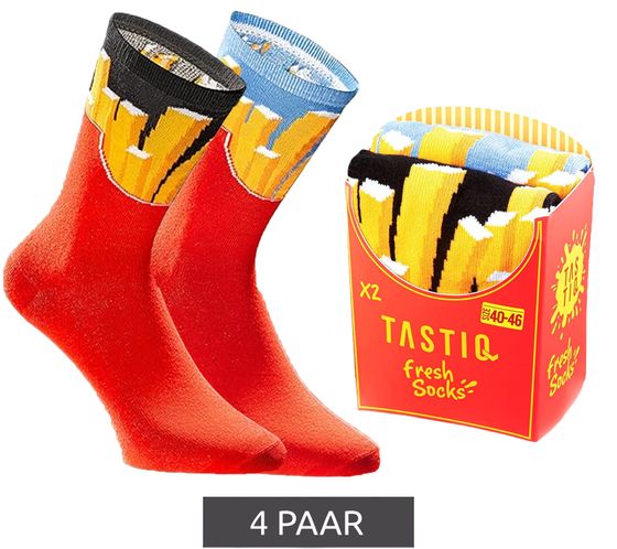 4 pairs of TASTIQ cotton socks with French fries print, long socks in a stylish French fries bag gift box TAS/1/CSX2/FRI red/yellow/black/light blue