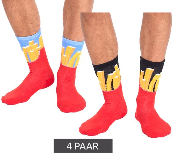 4 Paar TASTIQ Baumwoll-Socken mit Pommes-Print lange Strümpfe in stylischer Pommestüten-Geschenkbox TAS/1/CSX2/FRI Rot/Gelb/Schwarz/Hellblau