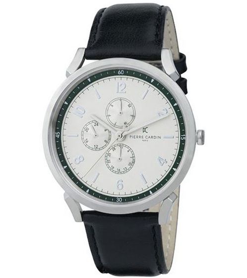 Pierre Cardin men's wristwatch with multi-dial analog quartz watch with leather strap 3ATM 44mm CPI.2062 Black/Silver/Green