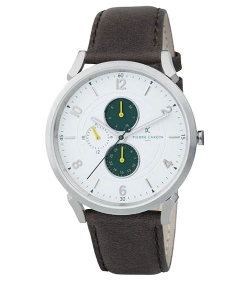 Pierre Cardin men's wristwatch with multi-dial analog quartz watch with leather strap 3ATM 44mm CPI.2057 silver/brown/green