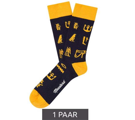 1 Paar Moustard Hieroglyphs Baumwoll-Socken mit Ägyptische Hieroglyphen gemusterte lange Strümpfe 20S-HIERO Gelb/Schwarz