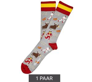 1 pair of Moustard San Fermin cotton socks with bullfighting symbols and Spanish flag on the waistband, patterned long socks 17SSFER gray/red/yellow