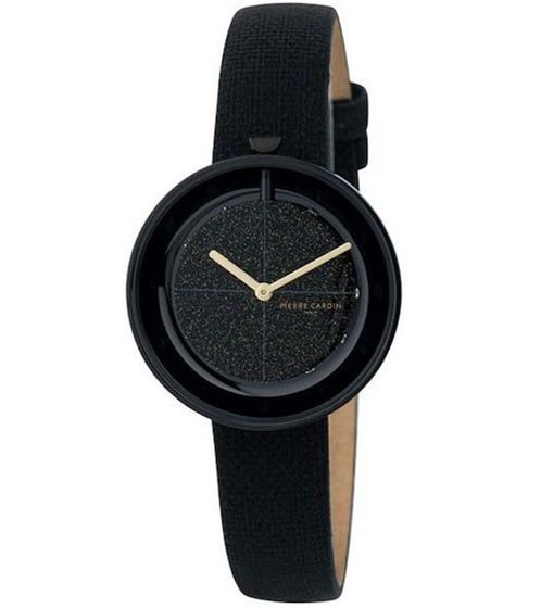 Pierre Cardin ladies' wristwatch with glitter on the dial, analogue quartz watch with leather strap 3ATM 32mm CMA.0011 black/gold