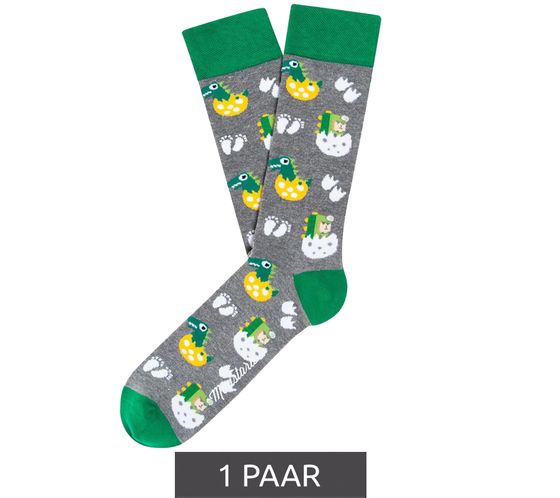 1 pair of Moustard Dinosaur Egg Hatch cotton socks with hatching dinosaurs, patterned long socks 18S-EGG gray/white/green