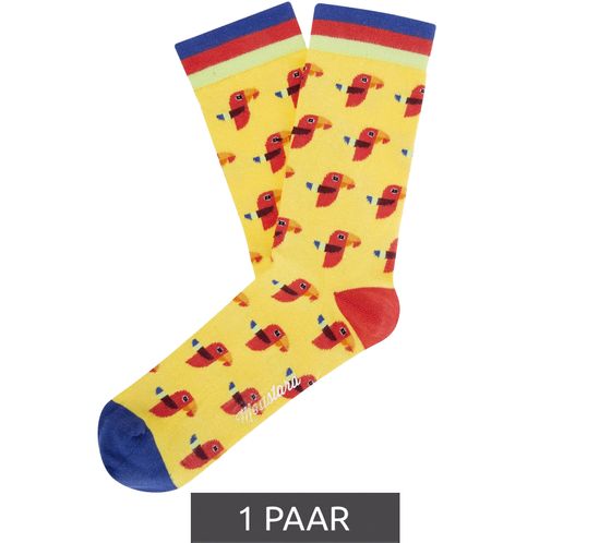 1 Paar Moustard Parrot Baumwoll-Socken mit Papageien-Print gemusterte lange Strümpfe 17S-PARR Gelb/Rot/Blau