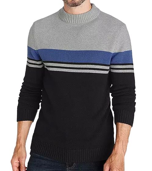 MAN`S WORLD Stripe Round Neck Men's Knitted Sweater with Cotton Content Color-Blocking 4485 8262 Gray/Black/Blue