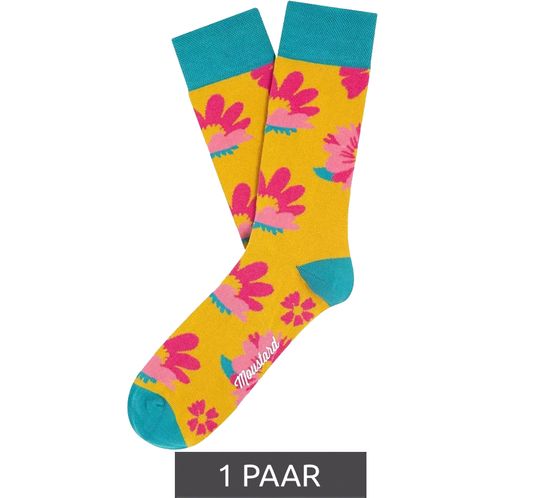 1 Paar Moustard Witty lily yellow flower Baumwoll-Socken mit Blumen-Print gemusterte lange Strümpfe 19S-YFLOW Türkis/Orange/Rosa