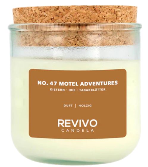 REVIVO CANDELA NO. 47 MOTEL ADVENTURES sustainable scented candles made from rapeseed wax glass candle with cork lid home decoration white/brown