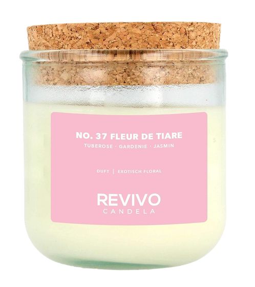 REVIVO CANDELA NO. 37 FLEUR DE TIARE sustainable scented candles made from rapeseed wax glass candle with cork lid home decoration white/brown