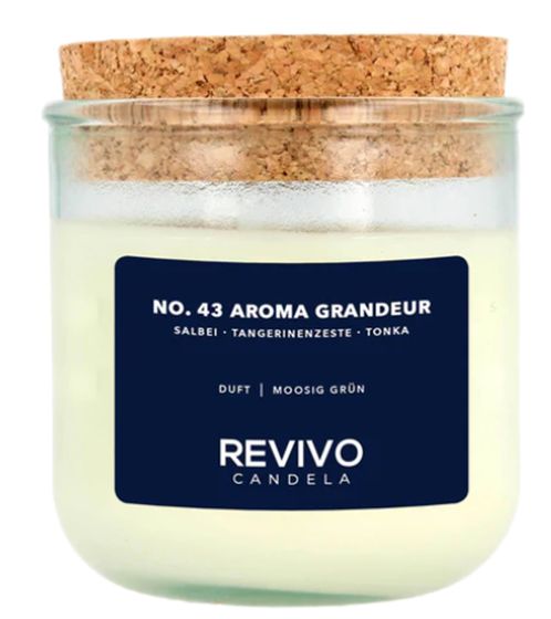 REVIVO CANDELA NO. 43 AROMA GRANDEUR nachhaltige Duftkerzen aus Rapswachs Glas-Kerze mit Korkdeckel Wohn-Dekoration Weiß/Braun