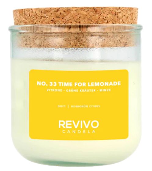 REVIVO CANDELA NO. 33 TIME FOR LEMONADE sustainable scented candles made from rapeseed wax glass candle with cork lid home decoration white/brown