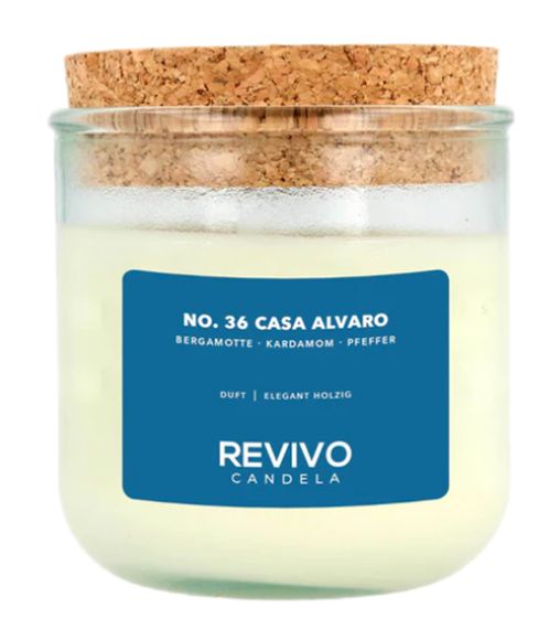 REVIVO CANDELA NO. 36 CASA ALVARO sustainable scented candles made from rapeseed wax glass candle with cork lid home decoration white/brown