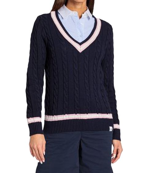 DELMAO Damen Stick-Pullover im College-Look mit Flechtmuster Langarm-Pulli 83005351 Dunkelblau