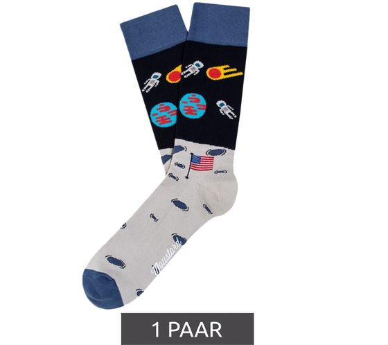 1 pair of Moustard Moon Landing Astronaut men's cotton socks with space print patterned long socks 17S-MOON light blue/grey