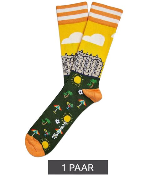 1 pairs of Moustard Barcelona men's cotton socks with Barcelona skyline all-over print, striped and patterned long socks 17S-BCN green/orange/yellow