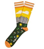 1 pairs of Moustard Barcelona men's cotton socks with Barcelona skyline all-over print, striped and patterned long socks 17S-BCN green/orange/yellow