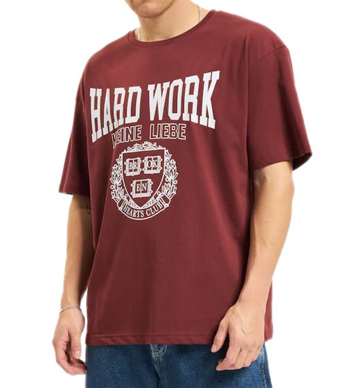 KEINE LIEBE Herren Baumwoll-Shirt mit Hard Work Schriftzug T-Shirt Rundhals-Shirt Kurzarm-Shirt KLTS1008 Rot/Weiß