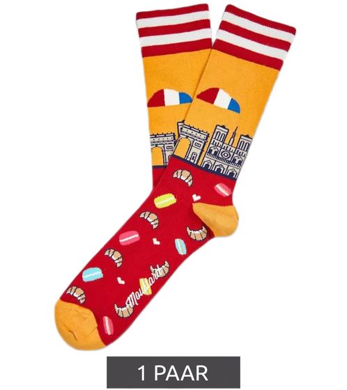 1 pairs of Moustard Paris men's cotton socks with Paris skyline all-over print, striped and patterned long socks 17S-PARIS red/yellow/white