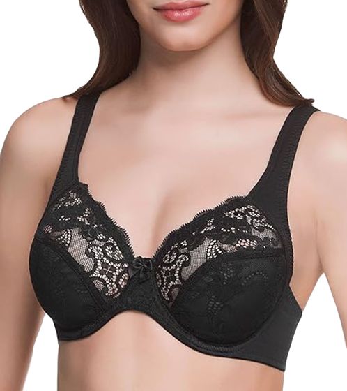 susa Damen Bügel-BH feminine Spitzen-Unterwäsche mit Baumwollanteil transparenter BH mit Schleifen-Detail 7589 Schwarz