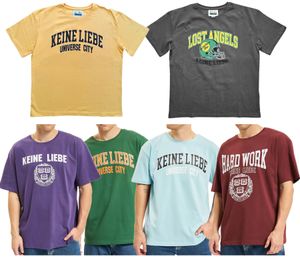 KEINE LIEBE Universe City and Broken Heart Club Men's Cotton T-Shirt with Color Accents. Crew Neck T-Shirt. Short Sleeve T-Shirt KLTS10 in Yellow, Green, Blue, Red, Purple, or Gray.